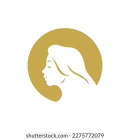 Woman profile portrait hair beauty fashion spa cosmetology salon circle silhouette icon vintage vector flat illustration. Female head round border side view cosmetic hairdressing skin care insignia