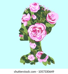 Woman profile with roses bush, silhouette, double exposure concept. On blue sky background. Face, portrait, concept - love, romance, spring, flowers, beauty, femail
