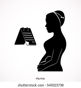 Woman profile silhouette. Beautiful pregnant woman, calendar. flat style.