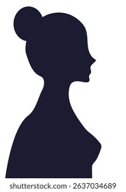 Woman profile silhouette figure with hair bun, side view isolated on transparent background. Minimalist beauty and female form concept for design.