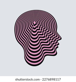 Woman profile. Silhouette of head with concentric abstract psychedelic pattern. Optical illusion. Vector illustration isolated on white background.