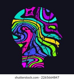 Woman profile. Silhouette of head with neon abstract psychedelic pattern. Optical illusion. Vector illustration isolated on white background.