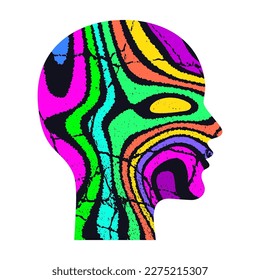 Woman profile. Silhouette of head with neon abstract psychedelic pattern. Optical illusion. Vector illustration isolated on white background.