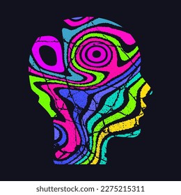 Woman profile. Silhouette of head with neon abstract psychedelic pattern. Optical illusion. Vector illustration isolated on white background.