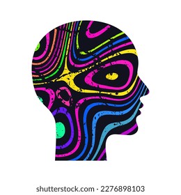 Woman profile. Silhouette of head with neon abstract psychedelic pattern. Optical illusion. Vector illustration isolated on white background.