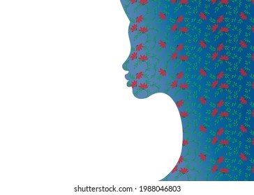 Woman profile silhouette on the white background. Blank for your text, logo template African American women face profile. Beauty flowers pattern icon. Vector illustration isolated