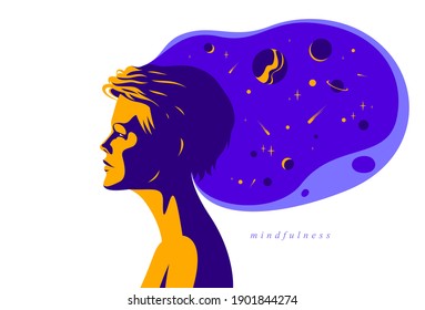 Woman profile with space view planets and stars from her head vector illustration, mindfulness philosophical and psychological theme, meditation and awareness.