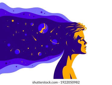 Woman profile with space view planets and stars from her head vector illustration, mindfulness philosophical and psychological theme, meditation and awareness.