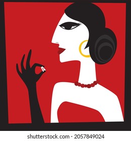 Woman in profile, Spain, elegant, eating letter