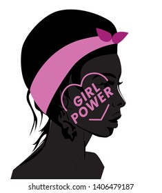 Woman in profile, written girl power in a heart on her face. Hand drawn vector illustration, isolated on red background. Design for invitation, greeting card, vintage style