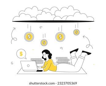 Woman with profit line concept. Young girl with laptop earns money on Internet. Freelancer and remote worker. Entrepreneur and investor with start up, bussines project. Linear flat vector illustration