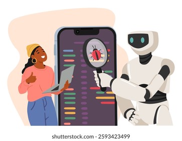 Woman programmer and artificial intelligent bot providing automated process of software testing searching and finding bugs cartoon scene. Digital algorithm for app problem solving vector illustration