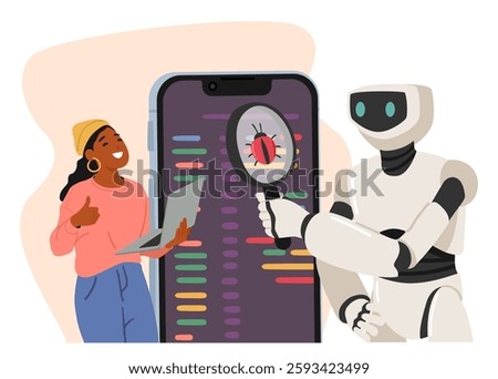 Woman programmer and artificial intelligent bot providing automated process of software testing searching and finding bugs cartoon scene. Digital algorithm for app problem solving vector illustration