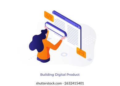 Mujer programadora construyendo producto digital. Desarrolladora trabajando en programación de Sitios web, codificación. Interfaz de usuario y concepto de diseño de experiencia. Ilustración isométrica de Vector.