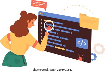 Mujer programadora revisando, atrapando bichos. Corrigiendo errores del sistema. Prueba de aplicaciones de software, garantía de calidad, ingeniero de QA y concepto de corrección de fallos. Concepto de desarrollo web de ilustración de vector 