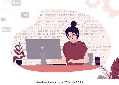 Woman programmer or coder sitting at desk and working on computer. Website designer, developer social media wireframe. Front-end and back-end programming, software development, program coding. vector