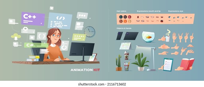 Mujer programadora en la computadora. Kit para Animación con varias bocas, emociones oculares, manos gestantes, objetos, paleta de combinaciones de colores para el pelo. Estilo de caricatura de personajes de negocios. Vector.