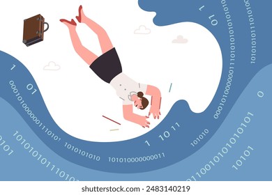 Woman programmer dives into sea of computer code as metaphor for learning programming languages. Girl software developer immersed herself in work using programming and testing skills