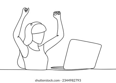 Woman programmer rejoices in front of a laptop. Successful completion of work. Programmers Day. One line drawing for different uses. Vector illustration.