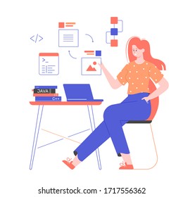 Woman programmer is sitting at a desk. Education and work in the information technology. Writing code and developing programs. Work process and new project. Vector flat illustration.