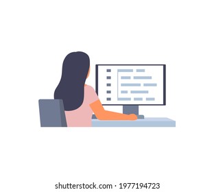 Woman programmer, software developer working on web development on computer, back view. Girl work script coding and programming in languages on computer screen. Vector illustration