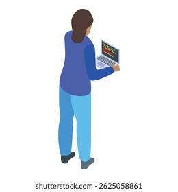 Woman programmer is standing and coding using a laptop in isometric view