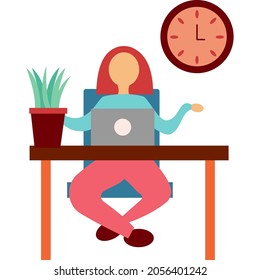 Woman programmer work at laptop computer icon. Vector girl designer remote worker enjoy online digital project. Female artist character, creative professional specialist. Freelance, remote job