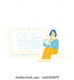 Woman Programmer Working on Computer at Web Site Page Online Project Java Coding, Front End Developing Ui Ux Tech Application Software Development Work, Cartoon Flat Vector Illustration, Line Art