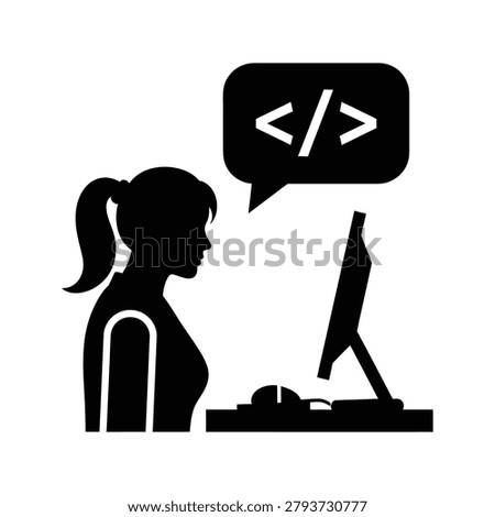 Woman programmer working on computer code icon with programmer, software
