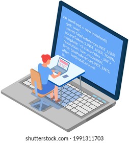 Woman programmer working on her computer. Programming or coding concept. Female character works with laptop, creates program code sitting at workplace. IT specialist is engaged in programming