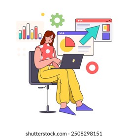 Woman programming with laptop, data analysis flat cartoon vector. Girl makes business analysis, modern technology and digital world. Illustration of remote employee, freelancer develops app