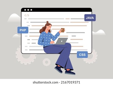 Woman programming with laptop. Girl writes code, modern technology and digital world. Character develops application or page of website, remote employee, freelancer. Cartoon flat vector illustration