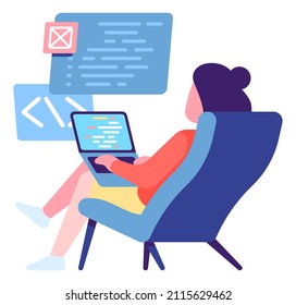 Woman programming on computer screen. Software development process