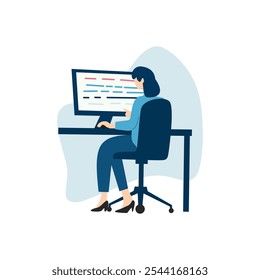 Mulher no papel de programação vetor plano elegante de uma codificadora feminina trabalhando em um projeto, incorporando o profissionalismo e o empoderamento das mulheres na tecnologia