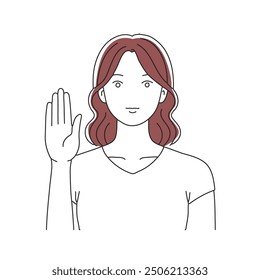 Woman promises to tell truth or takes solemn oath and swears with hand over heart and raising palm in sign of honesty. doodle continuous line art vector illustration.