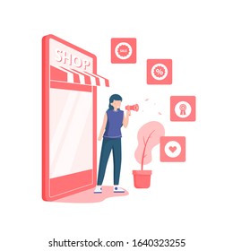 Woman promote her shop flat illustration, mobile shop, online shop, marketplace online flat illustration vector in isolated background