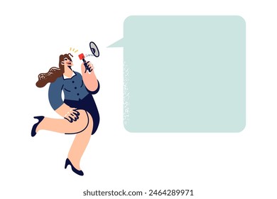 Woman promoter shouts into megaphone, making announcement of important event, standing near empty speech bubble. Copy space for announcement of sale or advertisement of promoted product