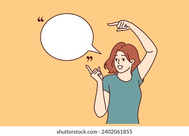 Woman promoter with smile points to speech bubble to place quote or marketing proposal. Teenage girl promoter in casual clothes stands near dialogue cloud with copy space for text.