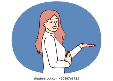 Woman promoter stretches out hand with raised palm to present new product or discount card for regular customers. Promoter girl with long hair stands near copy space and looks at screen smiling