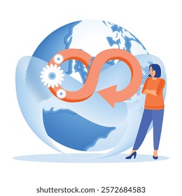 A woman promotes environmental conservation. Building a green industry with renewable energy. Circular economy concept. Flat vector illustration.