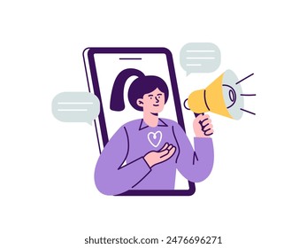 A woman promotes a product or service online. Influencer marketing, social media, and online communication. Trendy vector flat illustration isolated on a white background.