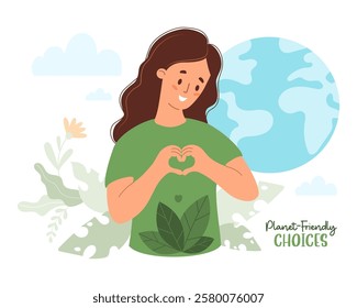Woman Promoting Eco-Friendly Choices. Girl in green recycling clothes Making Heart Gesture surrounded by nature and Earth. Sustainable fashion, environmental care. Vector illustration in flat style 