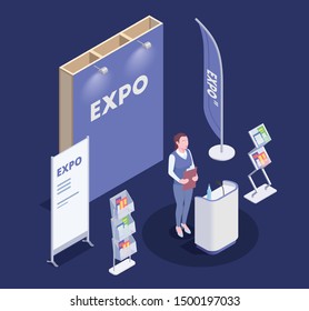 Woman Promoting Goods Near Expo Stand Isometric Composition On Blue Background 3d Vector Illustration