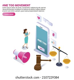 Woman promoting metoo campaign on social media isometric 3d vector concept for banner, website, illustration, landing page, flyer, etc.