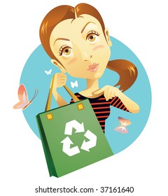Woman promoting reusable grocery bag