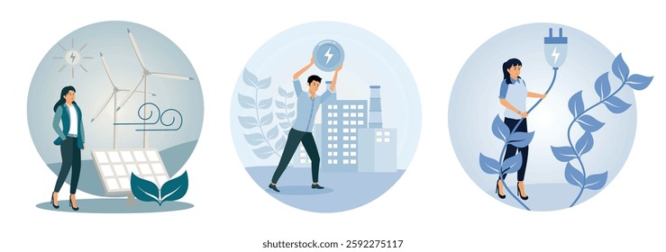 Woman promoting sustainability through renewable energy. A man holding an electric power symbol. Woman holding an electric plug connected to growing leaves. Set flat vector modern illustration 