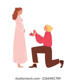 Woman proposing on one knee to her girlfriend, flat vector illustration isolated on white background. Marriage proposal concept. Happy couple in love. Gay marriage concept.