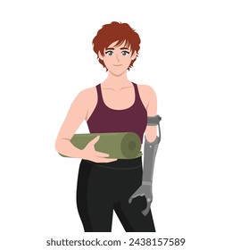 Woman with prosthetic arm holding yoga mat ready to workout. Flat Vector Illustration Isolated on White Background