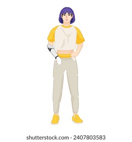 Woman with prosthetic arm on white background