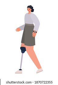 woman with prosthetic leg and black hair on white background vector illustration design